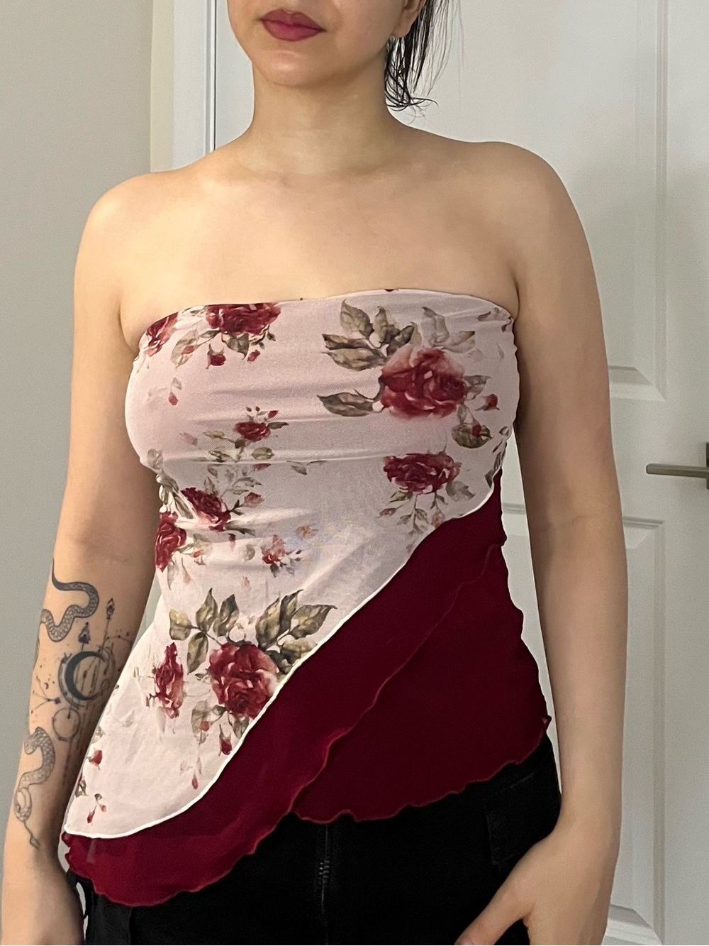 SHEIN Strapless Floral & Burgundy Layered Women's Top